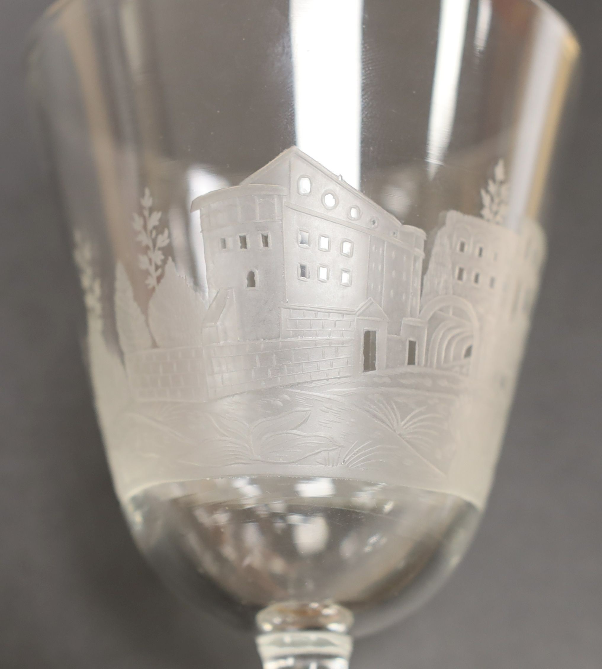 A Dutch engraved Newcastle goblet - 19cm tall